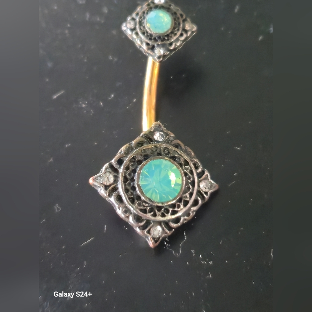Gold Tone Navel Ring with Green Opal Gemstone - Picture 2 of 2